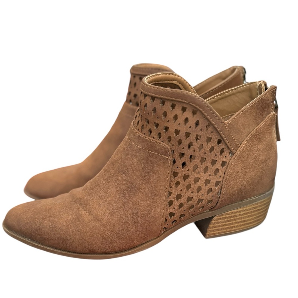 Nicole Camel Brown Laser Cut Zipper Ankle Bootie Boot Womens Size 8